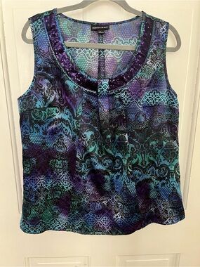 Size L Purple Teal Blouse Sleeveless Sequin Trim Edge Scoop Neckline